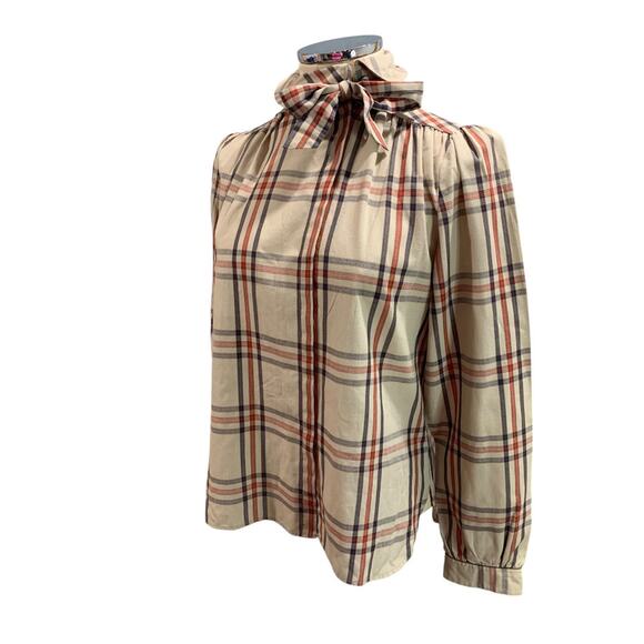 Size 6 Evan-Picone Vintage 1980s Plaid Button Up Blouse Shirt Tie Neck - Picture 1 of 7